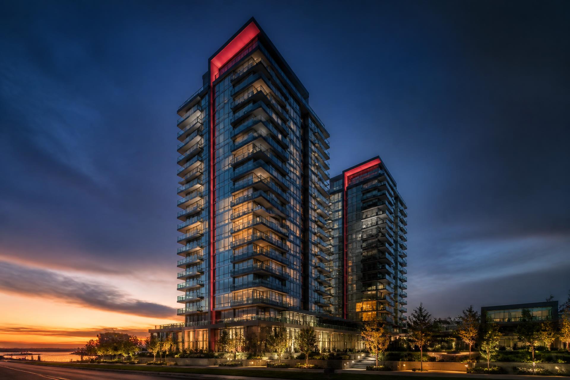 Premium residential towers at dusk